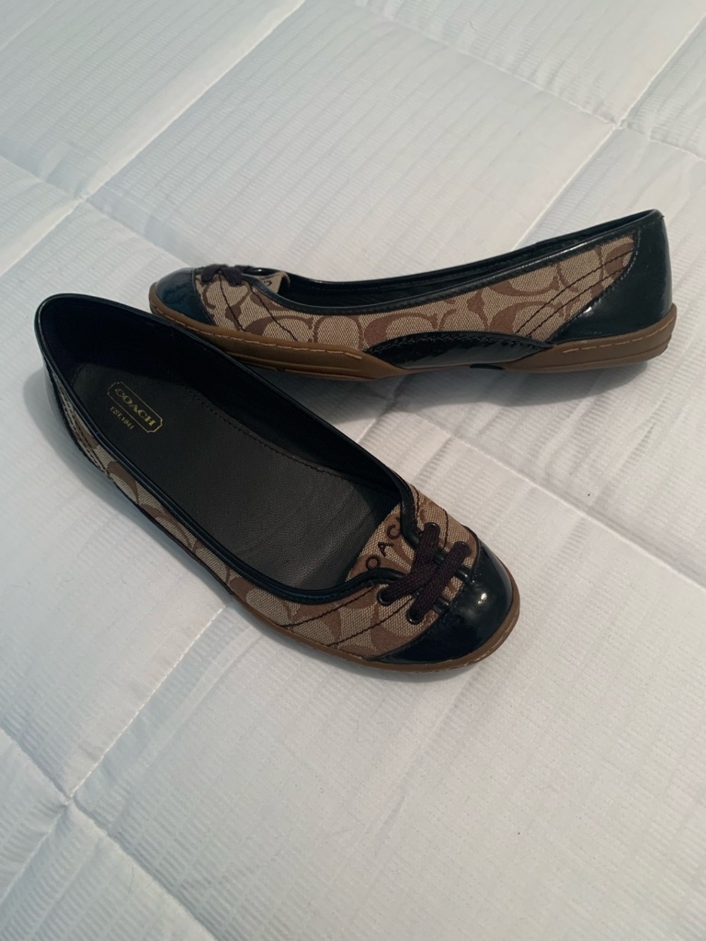 Classic Coach Ballet Flats in Brown Print - Black Leather Patent Accents Size 9 - Picture 7 of 11